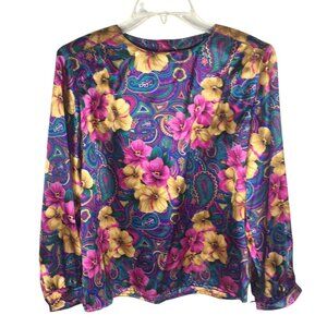 Vintage Laura Jayne Shirt Womens 8 Petite Paisley Floral Long Sleeve Satin 90s